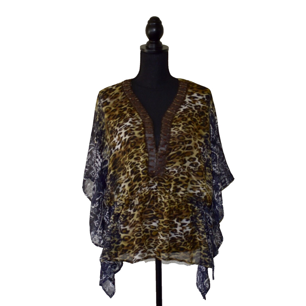A8 NWT ALBERTO MAKALI Leopard Print Chiffon Sheer V-Neck Tunic Blouse Top Size M - Picture 1 of 4